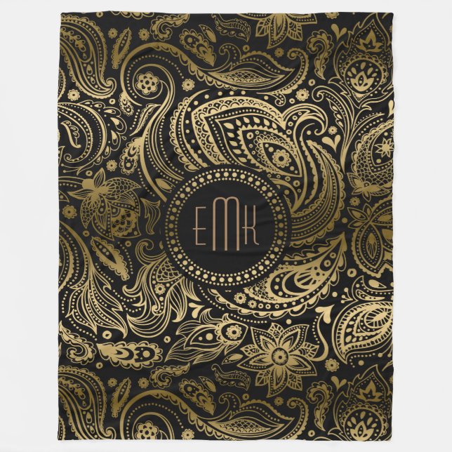 Manta Polar Patrón de paisley de oro negro monogramado (Anverso)