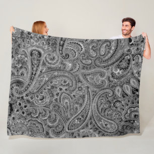 Manta Polar Patrón de paisley floral negra y gris