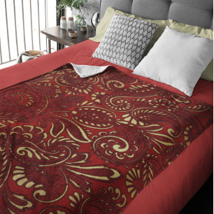 Manta Polar Patrón de Paisley Indio Rojo Borgoña Dorado
