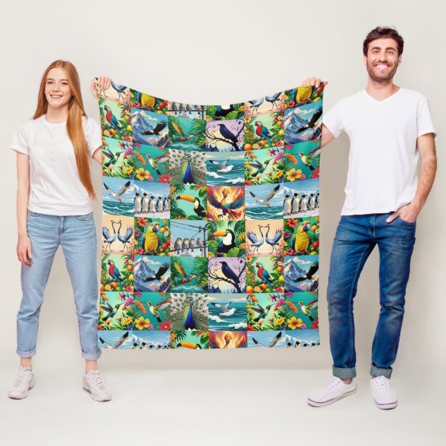 Manta Polar Patrón de patchwork de pájaros (In situ)