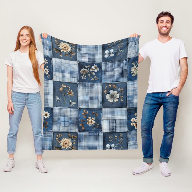 Manta Polar Patrón de patchwork floral | Denim boho (In situ)
