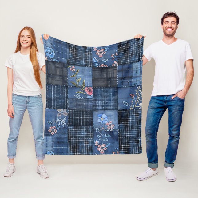 Manta Polar Patrón de patchwork floral índigo | Denim boho (In situ)