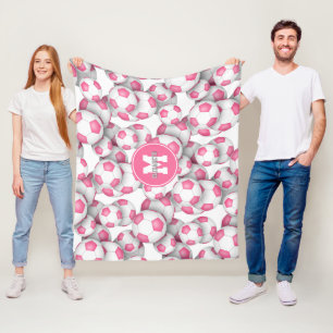 Manta Polar patrón de pelotas de fútbol blanco rosado monogram