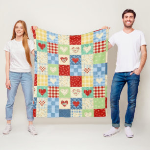 Manta Polar Patrón de picnic de corazones de patchwork rústico