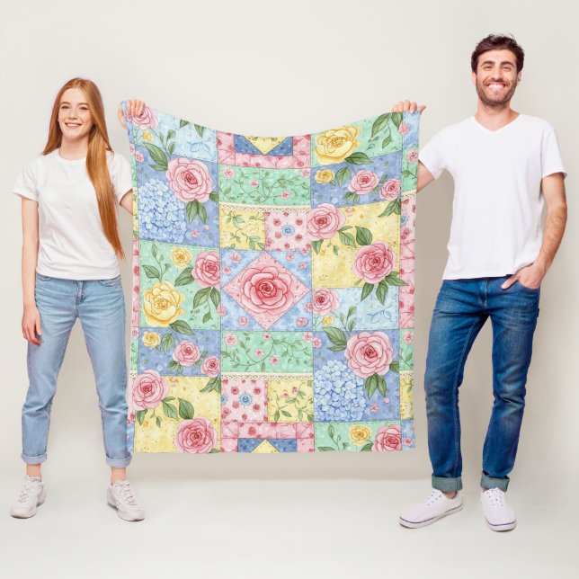 Manta Polar Patrón de picnic de patchwork floral pastel (10) (In situ)
