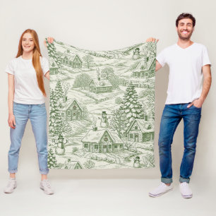Manta Polar Patrón de pueblo navideño vintage en verde Toile (