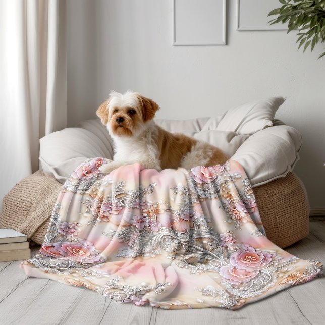 Manta Polar Patrón de rosas rosadas y plateadas en 3D (Subido por el creador)