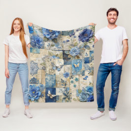 Manta Polar Patrón de tallo de mosaico de flor azul y mariposa