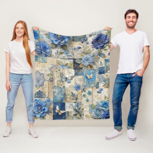 Manta Polar Patrón de tallo de mosaico de flor azul y mariposa