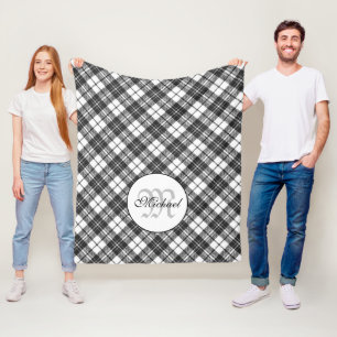 Manta Polar Patrón de Tartán Navidades Monograma blanco negro