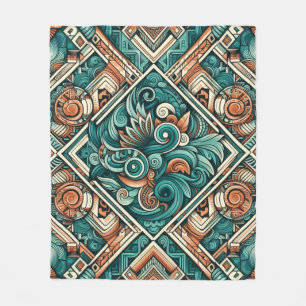 Manta Polar Patrón de terracota y azul teal inspirado en aztec