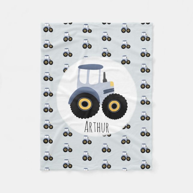 Manta Polar Patrón de tractores azules y nombre de niños (Anverso)