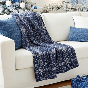 Manta Polar Patrón elegante de copos de nieve plateados y azul