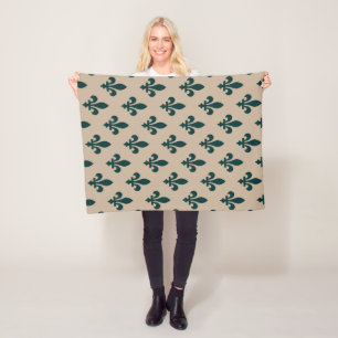 Manta Polar Patrón Fleur de Lis, verde francés real en crema