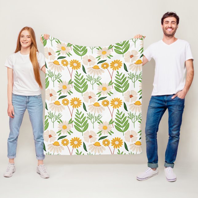 Manta Polar Patrón floral amarillo dorado y marfil blanco (In situ)