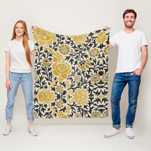 Manta Polar Patrón floral amarillo y negro de estilo vintage