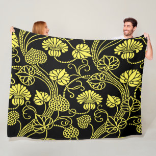 Manta Polar Patrón floral antiguo negro y amarillo