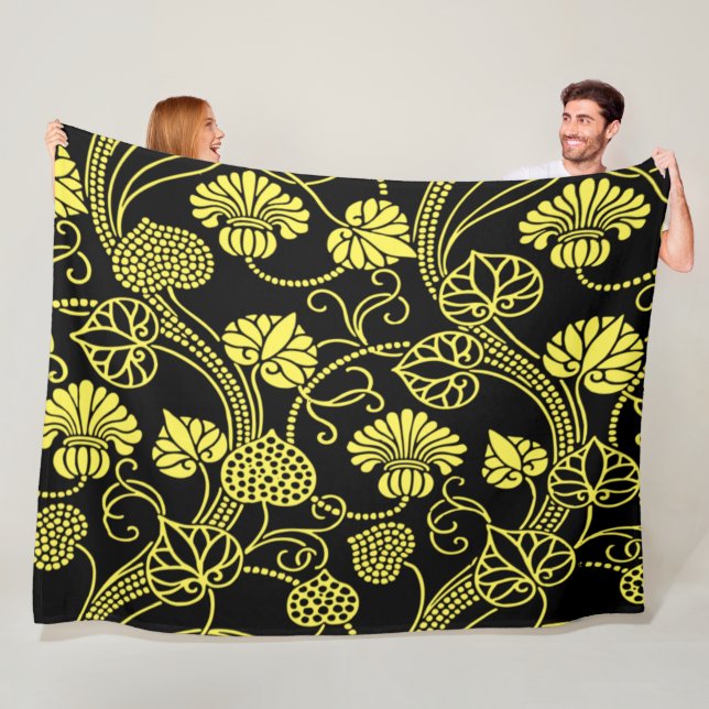 Manta Polar Patrón floral antiguo negro y amarillo (In situ)