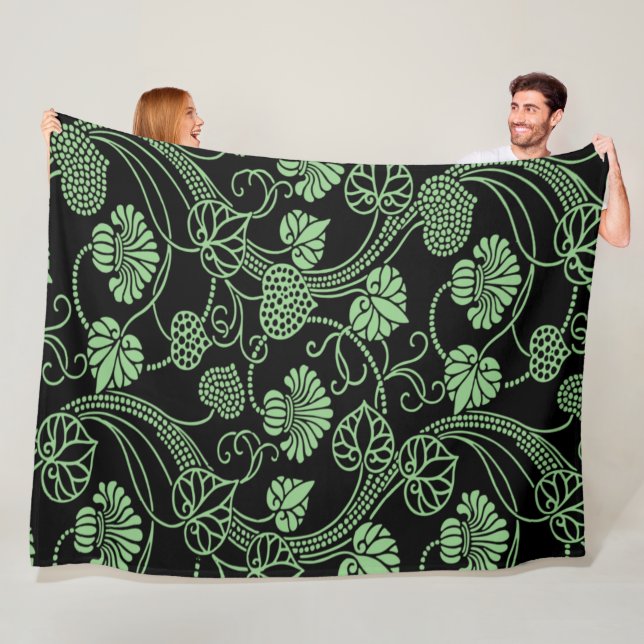 Manta Polar Patrón floral antiguo negro y verde (In situ)