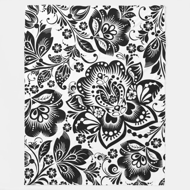 Manta Polar Patrón floral barroco blanco y negro (Anverso)