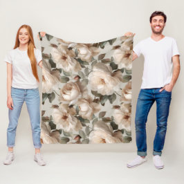 Manta Polar Patrón floral beige de rosa blanca suave