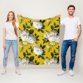 Manta Polar Patrón floral blanco de rosa amarilla clásica