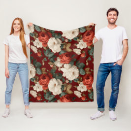 Manta Polar Patrón floral blanco de rosa roja clásica