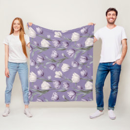 Manta Polar Patrón floral blanco de tulipán lavanda moderno