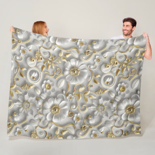 Manta Polar Patrón floral blanco y dorado 3D