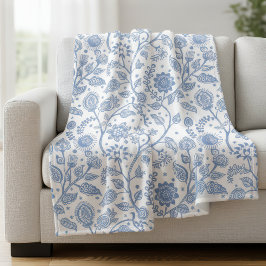 Manta Polar Patrón floral botánico boho chic azul y blanco