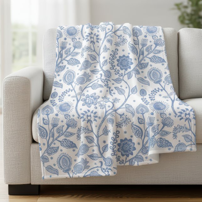 Manta Polar Patrón floral botánico boho chic azul y blanco (Subido por el creador)