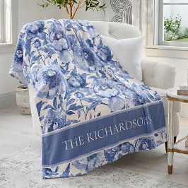 Manta Polar Patrón Floral Chinoiserie Azul y Blanco Personaliz