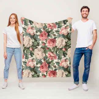 Manta Polar Patrón floral clásico de rosa crema y rosa