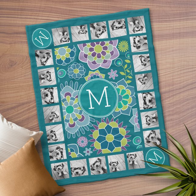 Manta Polar Patrón floral colorido 11 Monograma fotográfico (Personalized Fleece Blanket)