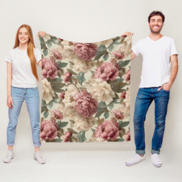 Manta Polar Patrón floral crema de peonía rosada vintage