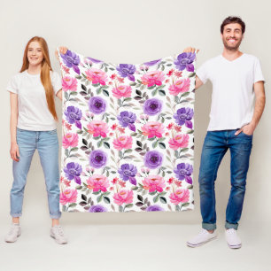 Manta Polar Patrón floral de acuarela vibrante en rosa y púrpu