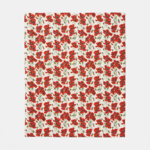 Manta Polar Patrón Floral de Amapola Roja Vintage Arte Botánic
