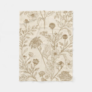 Manta Polar Patrón floral de arte de línea botánica sepia anti