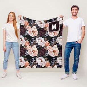 Manta Polar Patrón floral de Borgoña Peonies   Inicial