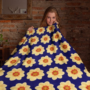 Manta Polar Patrón floral de Dahlia amarillo en azul