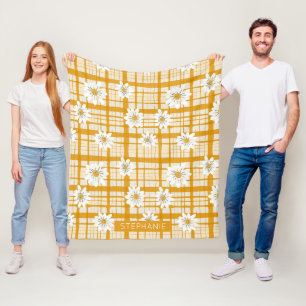 Manta Polar Patrón floral de margarita blanca en Gingham amari