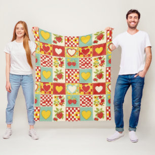 Manta Polar Patrón Floral de Parche Retró de Fresa