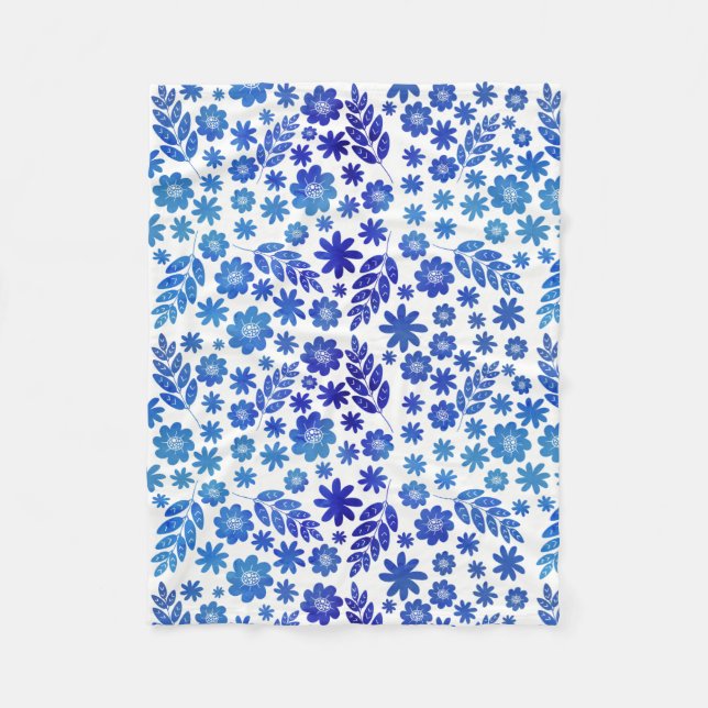 Manta Polar Patrón floral dibujado con la mano de China azul (Anverso)