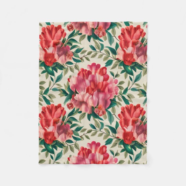 Manta Polar Patrón floral elegante con flores rojas y rosas (Anverso)