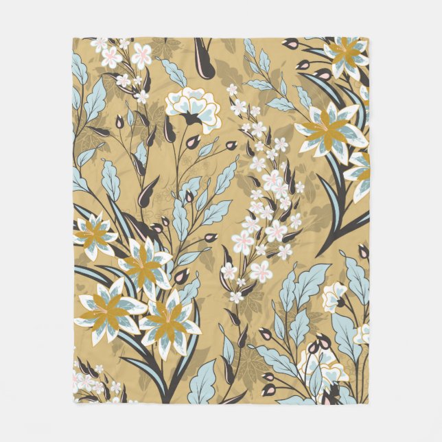 Manta Polar Patrón floral inmaculado en el fondo negro (Anverso)