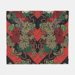 Manta Polar Patrón Floral Japonés Vintage Peonía Rojo Negro