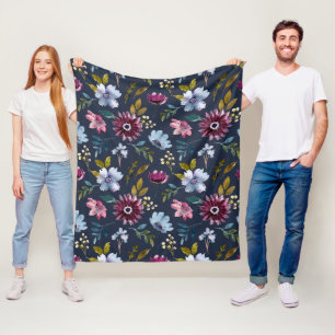 Manta Polar Patrón floral moderno con fondo azul marino