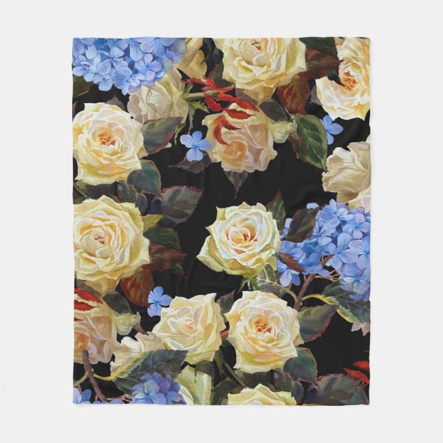 Manta Polar Patrón floral moderno, rosas blancas, hidrangea az (Anverso)