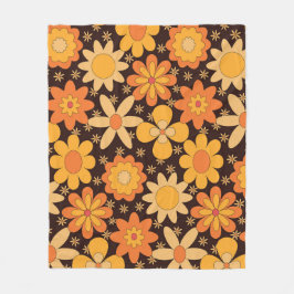 Manta Polar Patrón floral retro groovy amarillo y naranja  