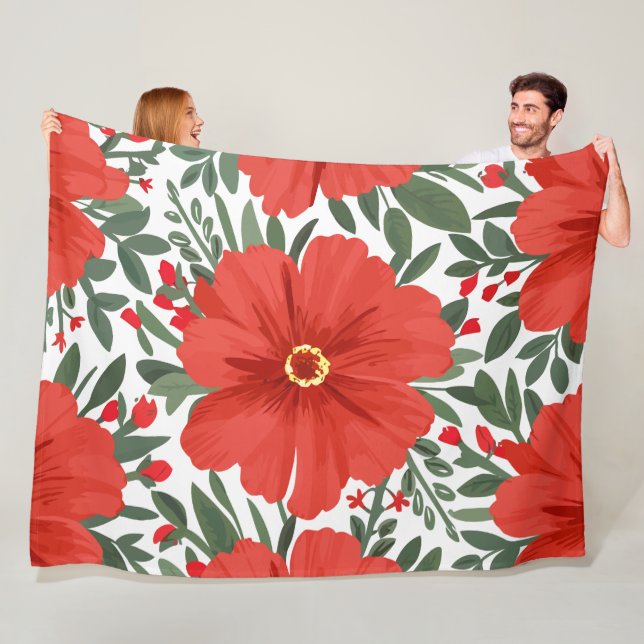 Manta Polar Patrón floral rojo audaz con hojas verdes frondosa (In situ)